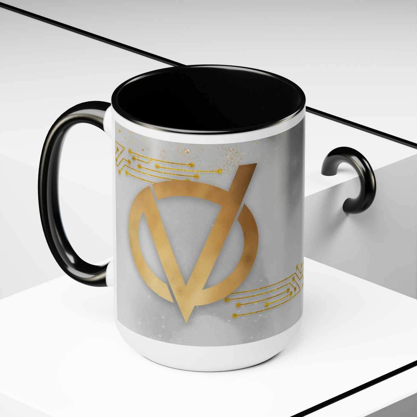 V Gold Logo Two-Tone Coffee Mug, 15oz