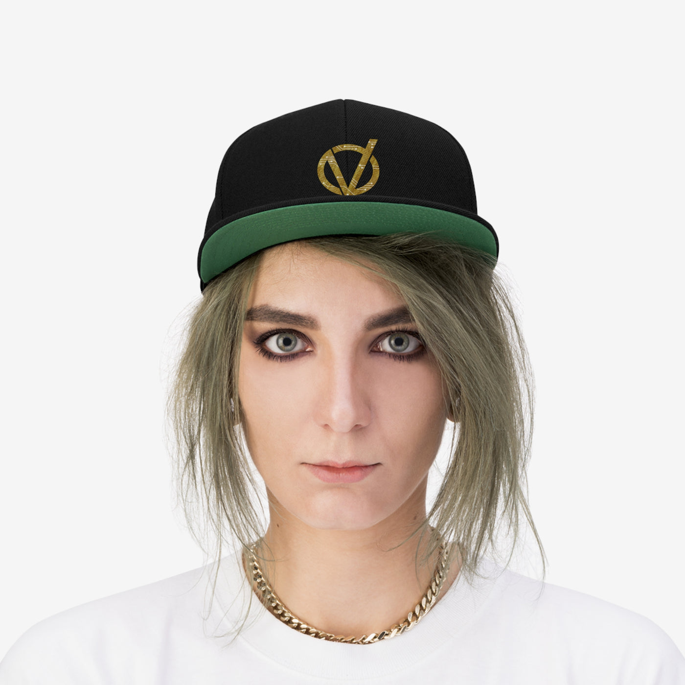 Embroidered Circuit V Logo Unisex Flat Bill Snapback Hat with Old School Green Underbill